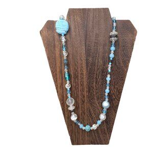 Vintage Hercuz Long Beaded Necklace Blue Clear Beads Butterfly Spring Signed 58"